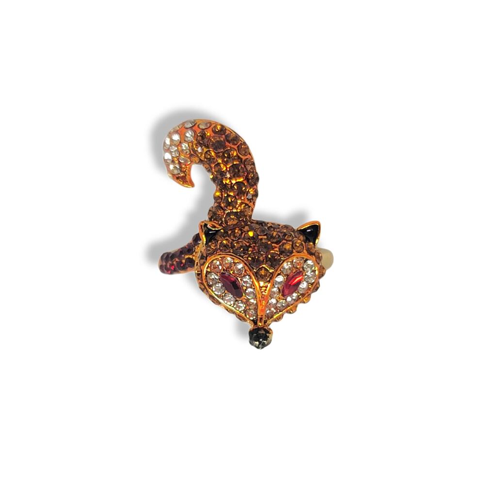 Pavé Round Golden Red White Crystal GoldTone Fox Ring Size 10